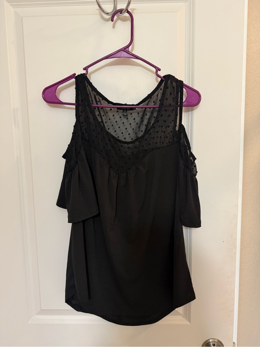 AUW Black Cold-Shoulder Dot Mesh Blouse